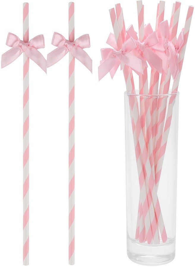 DISWALE 140 Pcs Pink Paper Straws, Bow Disposable Striped Drinking Straws Bulk for Pink Theme Birthday, Wedding, Baby Shower, Bachelorette Party Cake Decorations - Image 1